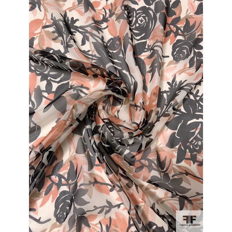 Floral and Leaf Silhouette Printed Silk Chiffon - Rusty Coral / Autumn Brown / Black / Off-White