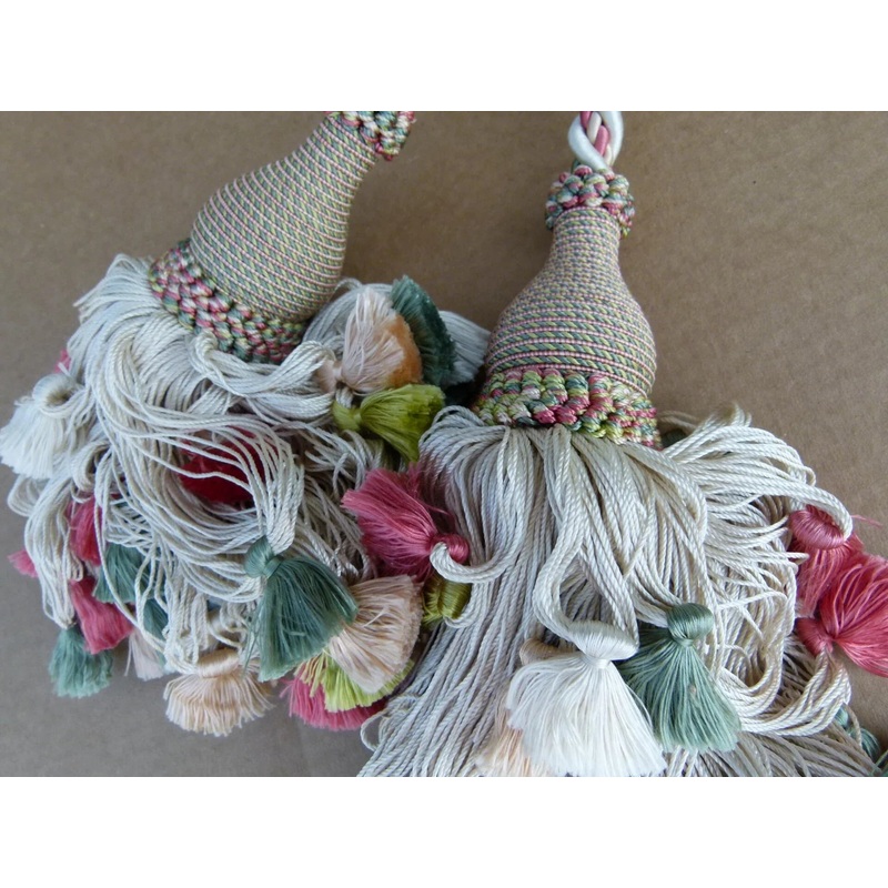 Scalamandre Silk Tiebacks Handmade Lyon Double Tassel White Green MSRP USD430