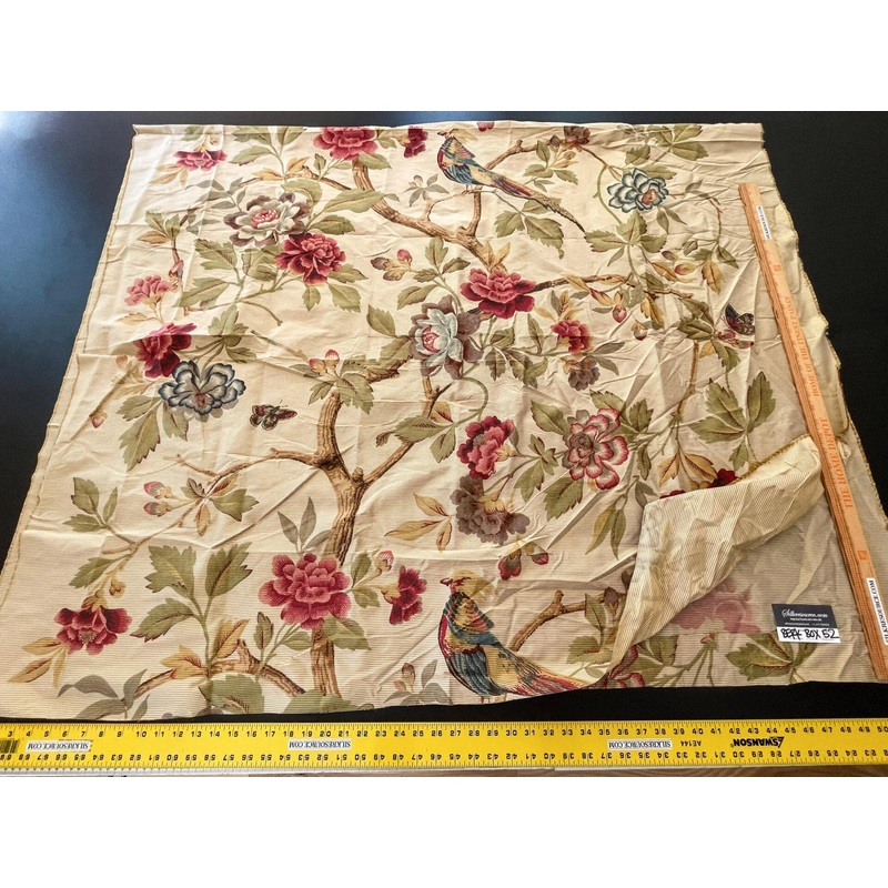 9 Berkbox52 2.4 yards Scalamandre Printed Silk Faisan Chinoiserie Foliage Bird Floral Red on Gold
