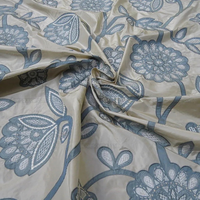 By Yd Lee Jofa Camille Silk Aqua Embroidery On Cream Blue Large Camellia Flora MSRP USD 516/Y
