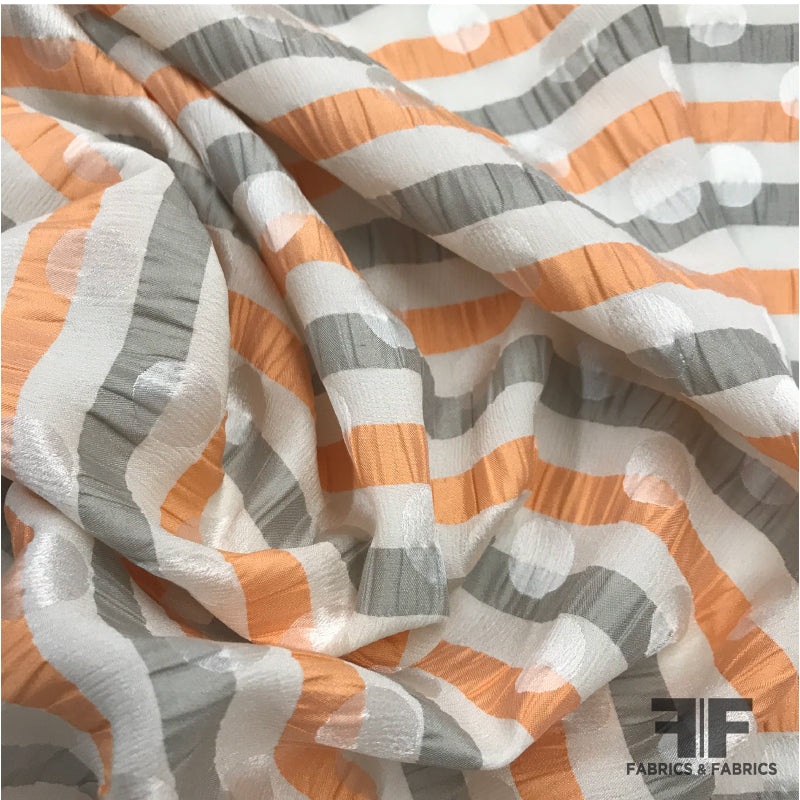 Striped Polka Dot Italian Silk Jacquard - Orange/Beige/White