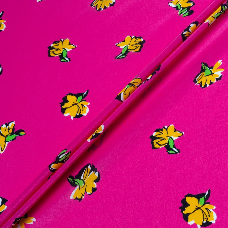 Yellow Floral Printed Pink Pure Silk Crpe de Chine