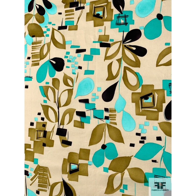 Abstract Printed Stretch Cotton Sateen - Olive / Turquoise / Sand / Black