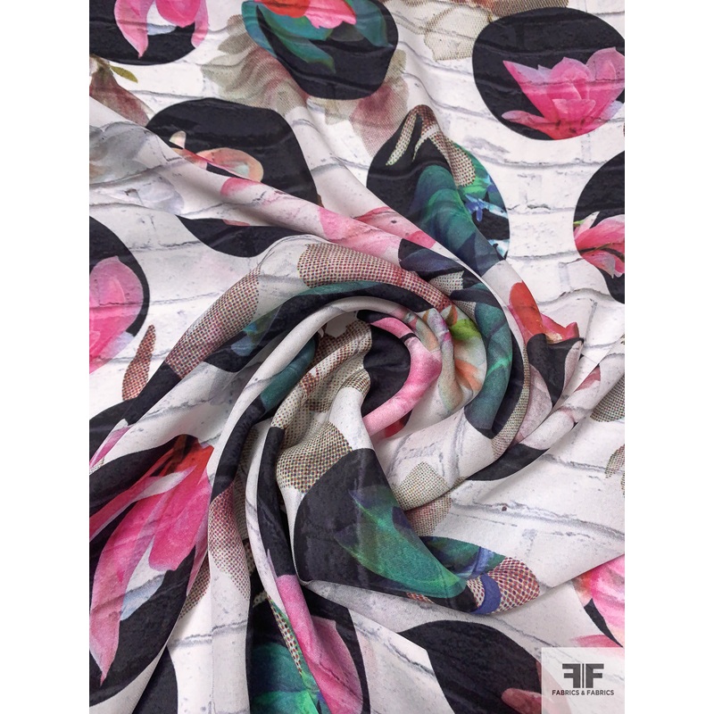Circles and Florals Printed Silk Georgette - Pinks / Greens / Black / Multicolor