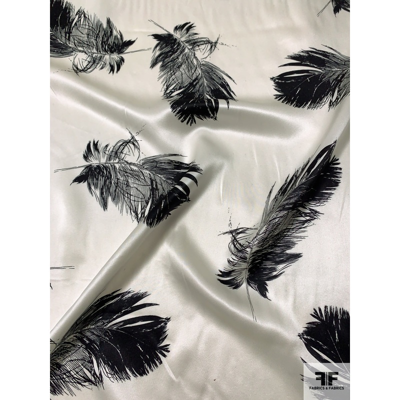 Floating Feathers Sketch Printed Silk Charmeuse - Ivory / Black