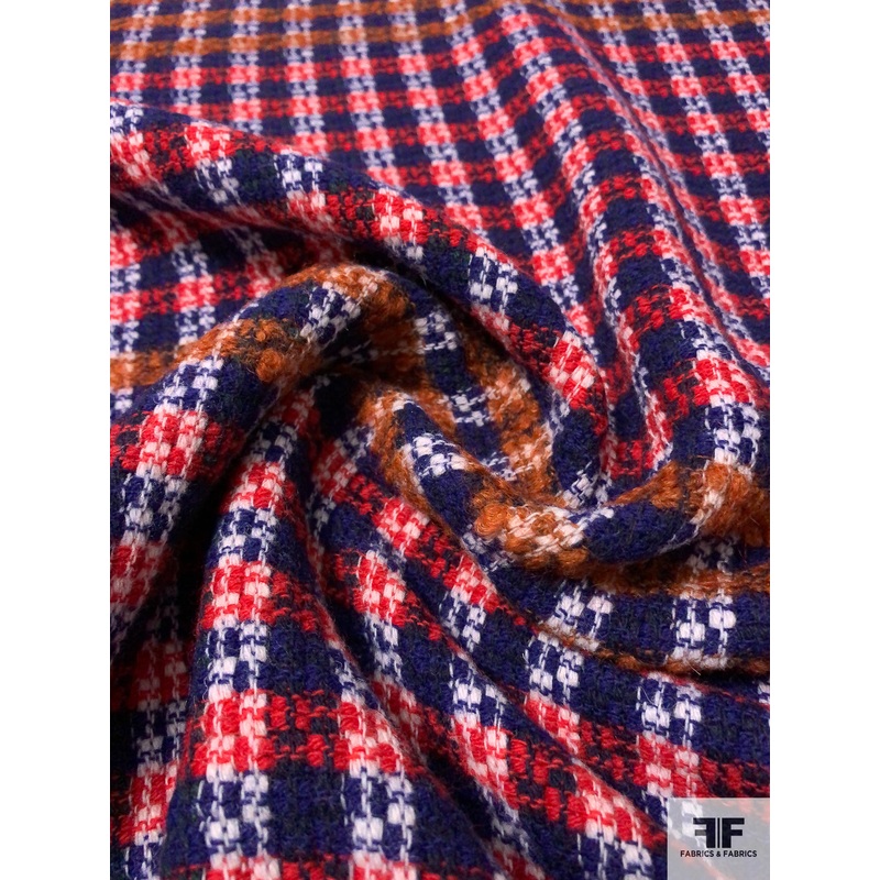 Italian Basketweave Plaid Lightweight Wool Coating - Royal / Red / Caramel / White