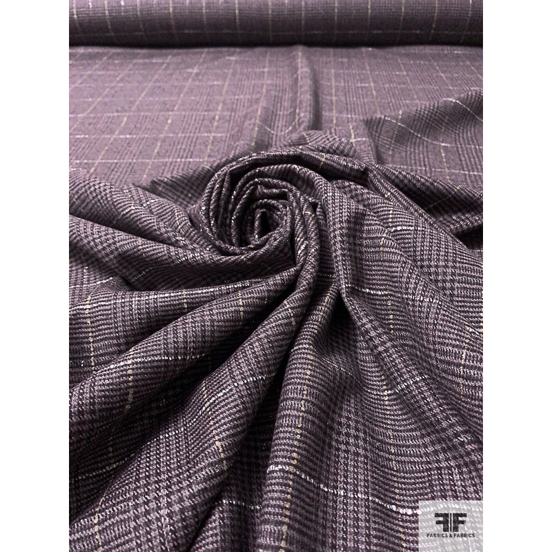 Italian Glen Plaid Wool Suiting with Lurex Fibers - Sepia Lilac / Dark Purple / White / Beige