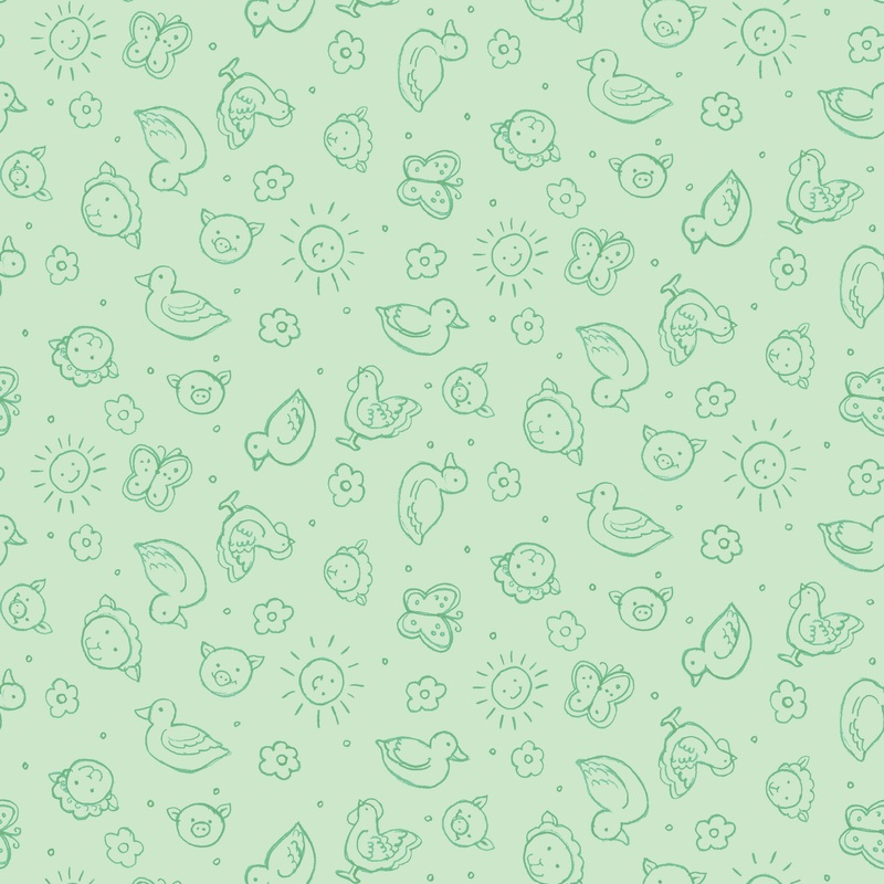 Susan Winget Barnyard Animal Doodle on Green Fabric