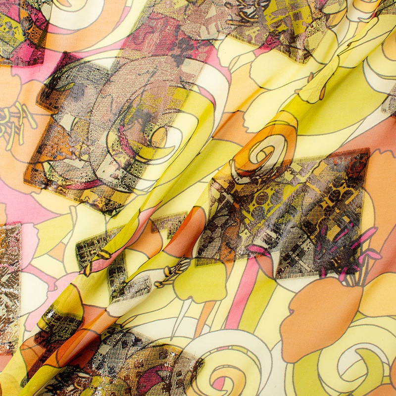Yellow & Deep Orange Floral Lam Silk Chiffon
