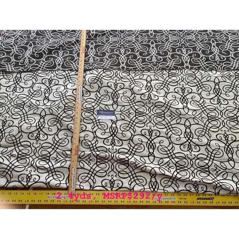 7 Boxy Scalamandre 2.4 Yards Flourish Scroll Ebony Silk Lampas Black and White MSPR USD292/Y