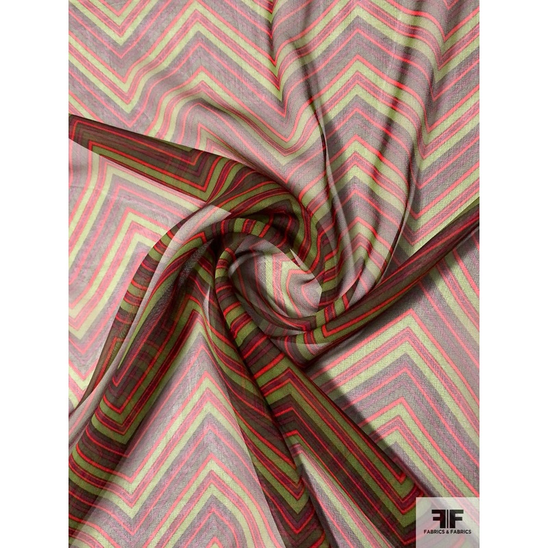 Chevron Printed Silk Chiffon - Moss Green / Army Green / Red / Burgundy