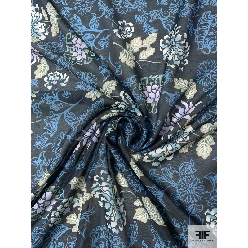 Floral Border Pattern Printed Silk and Cotton Voile - Navy / Blue / Mint / Sage / Teal
