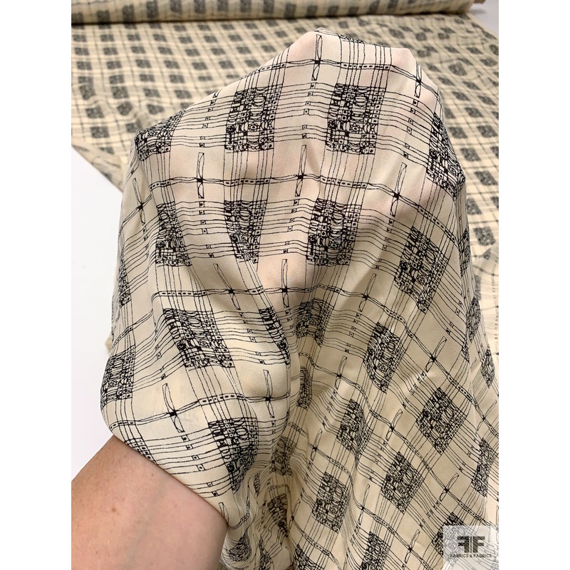Sketch Plaid Grid Printed Silk Georgette - Light Flax / Black