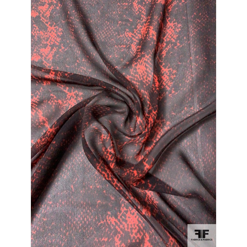 Italian Linear Snakeskin Pattern Printed Silk Chiffon - Raspberry / Black