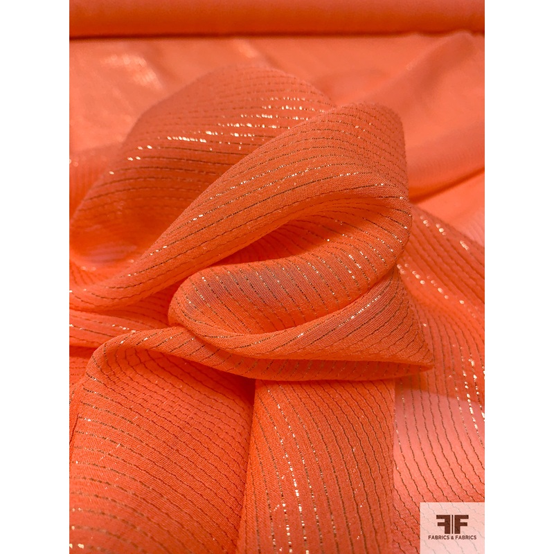 Solid Silk Chiffon with Gold Lurex Pinstripes - Safety Orange / Gold
