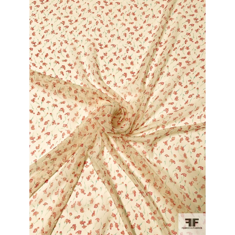Dainty Floral Printed Silk Chiffon - Ivory / Red / Turquoise