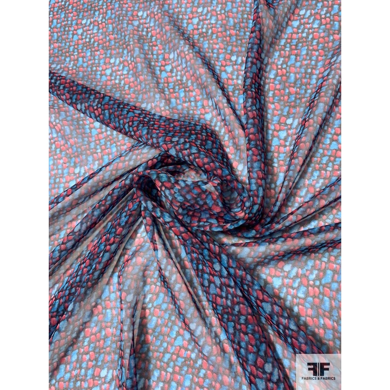 Pebble-Look Printed Silk Chiffon - Navy / Blue / Red