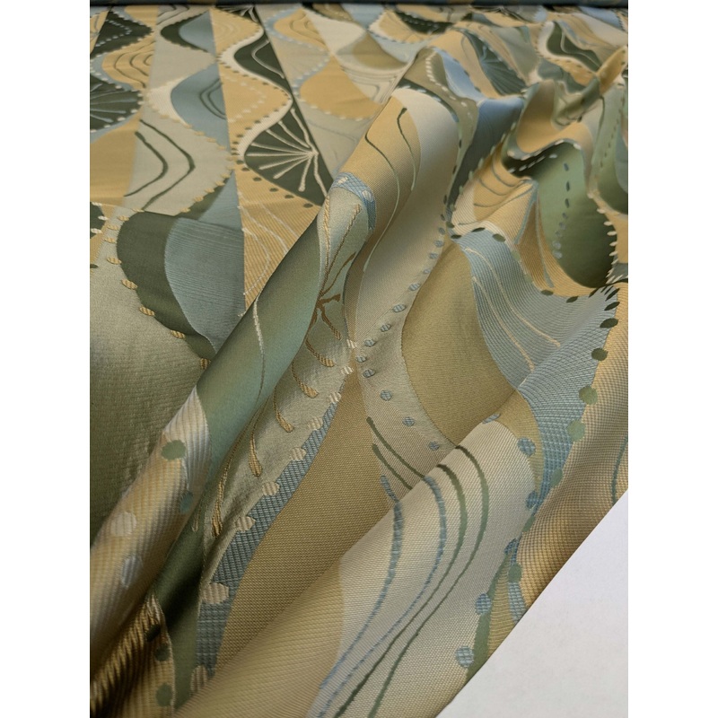 100% Silk Lampas Music Note "Jadeite" Green Brown Blue Art Deco