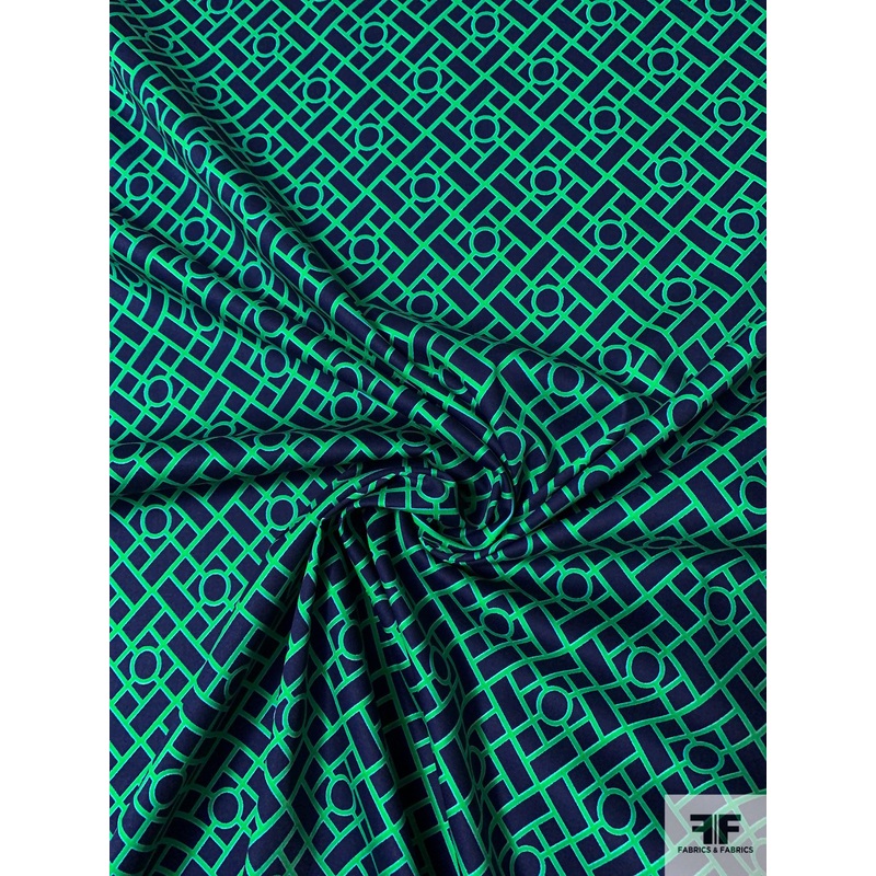 Art Deco Geometric Printed Stretch Cotton Sateen - Navy / Green / Sky Blue