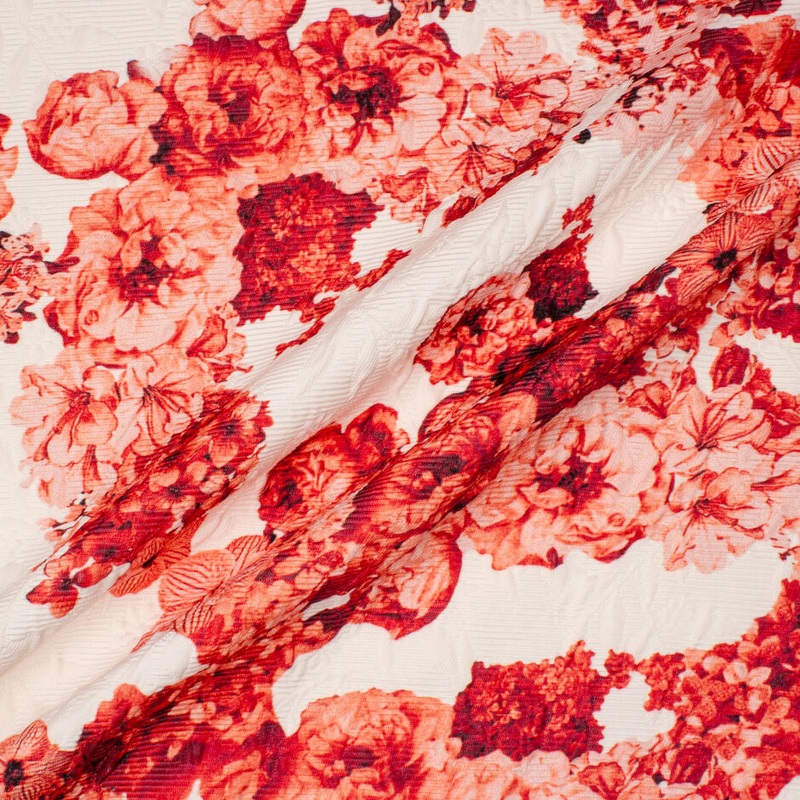 Red Floral Printed White Cotton Piqu