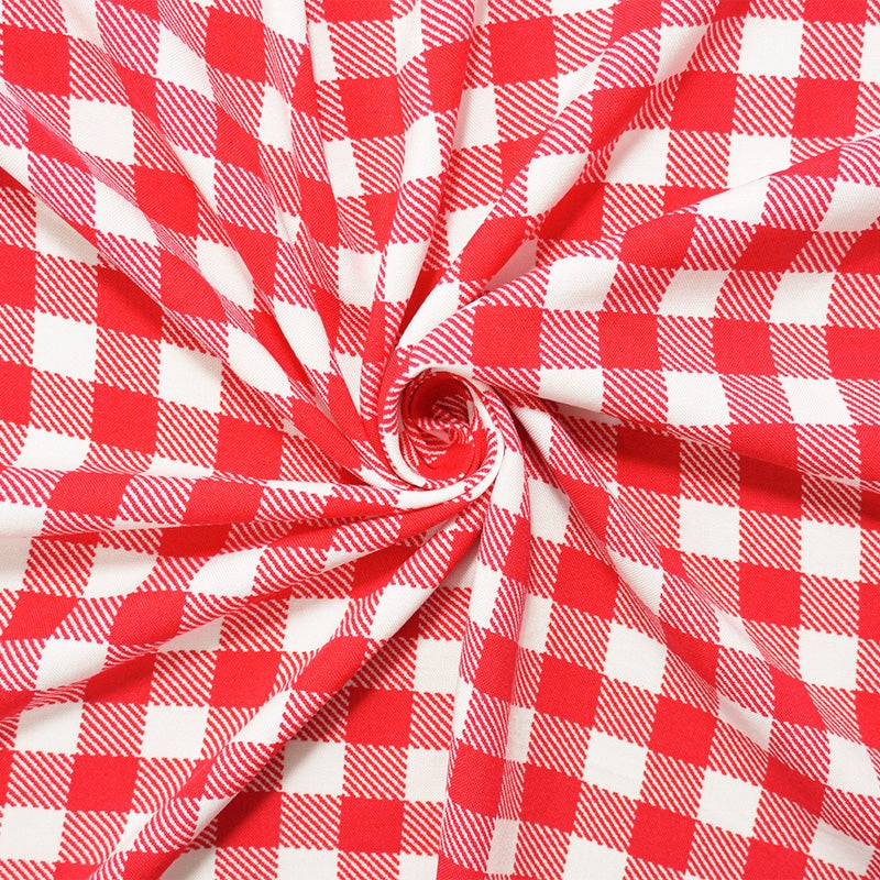 Red-White Rayon Check Printed Challis Woven Fabric