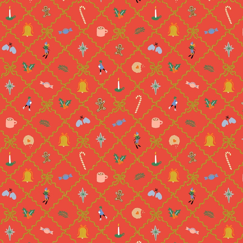Rifle Paper Co, Holiday Classics - Holiday Argyle - Red and Metallic Gold Fabric, 1/4 yard