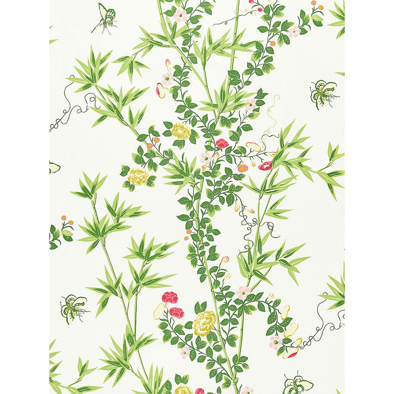Scalamandre Jardin de Chine Print Spring Green Red White Cotton Bird Animal Botanical Foliage Chinoiserie Floral Bamboo Butterfly MSRP USD 388/y