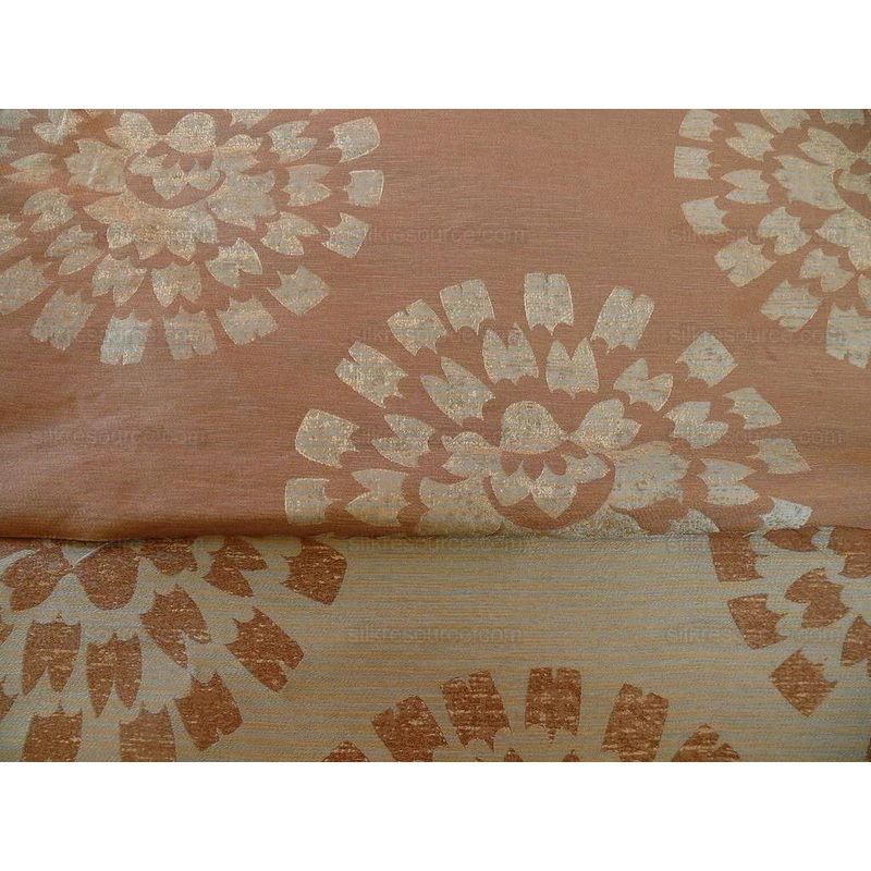 100% Silk Damask Large Modern Pinwheel Sunflower Daisy Sunburst "turquoise" Brown Mid-Century Bty