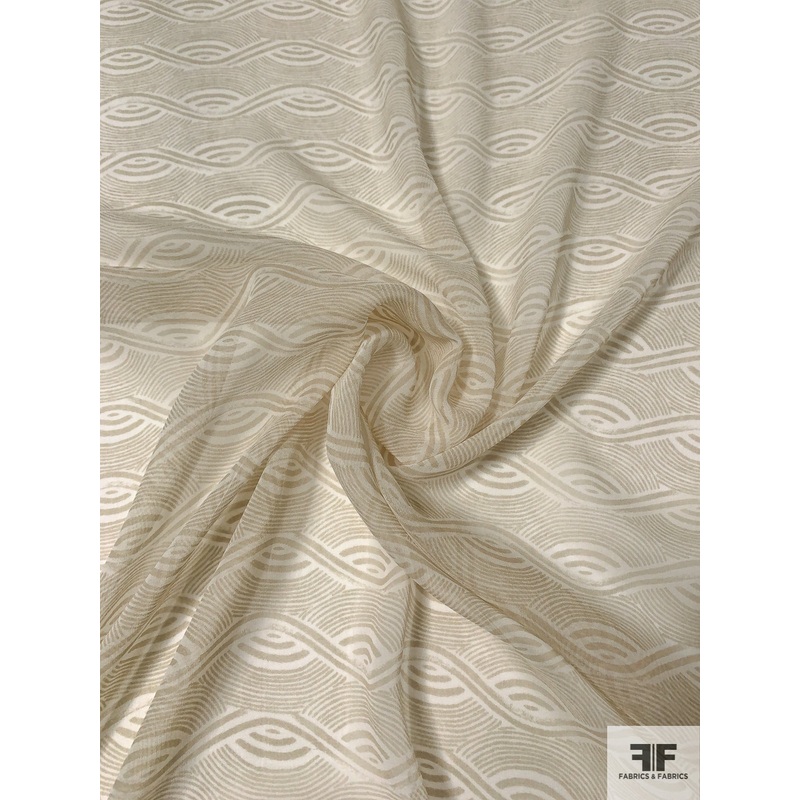 Art Deco Shell Striations Printed Silk Chiffon - Ecru / Pale Ecru