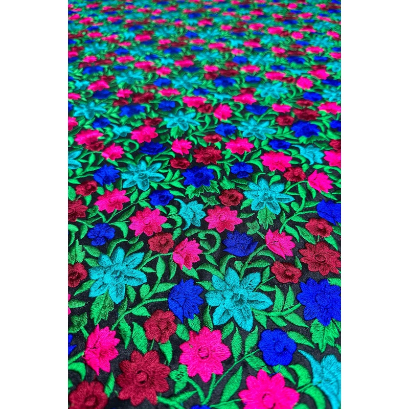 Bright Flowers on Black Embroidered Silk