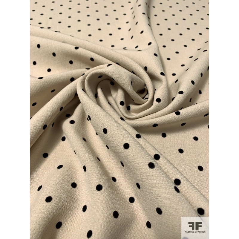 Rayon Blend Crepe Suiting with Flocked Polka Dots and Mechanical Stretch - Nude / Black
