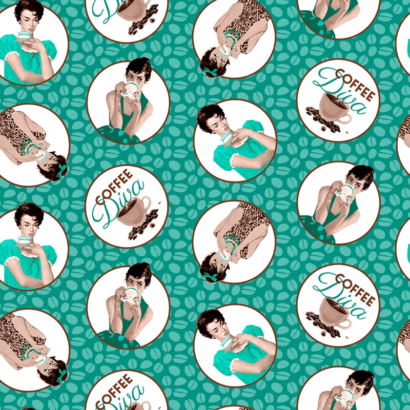 Saturday Evening Post - Retro Brew - Teal Coffee Medallion Fabric