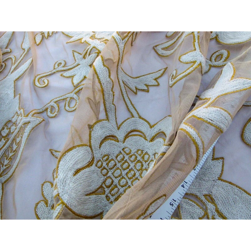 Scalamandre Sikandra Crewel Sheer Ivory Multi Wool Hand Crewel Old World Weavers MSRP USD 770/Y