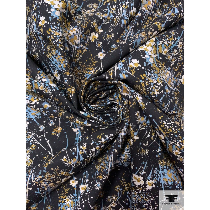 Splattered Floral Printed Cotton Lawn - Black / Mustard / Dusty Blue