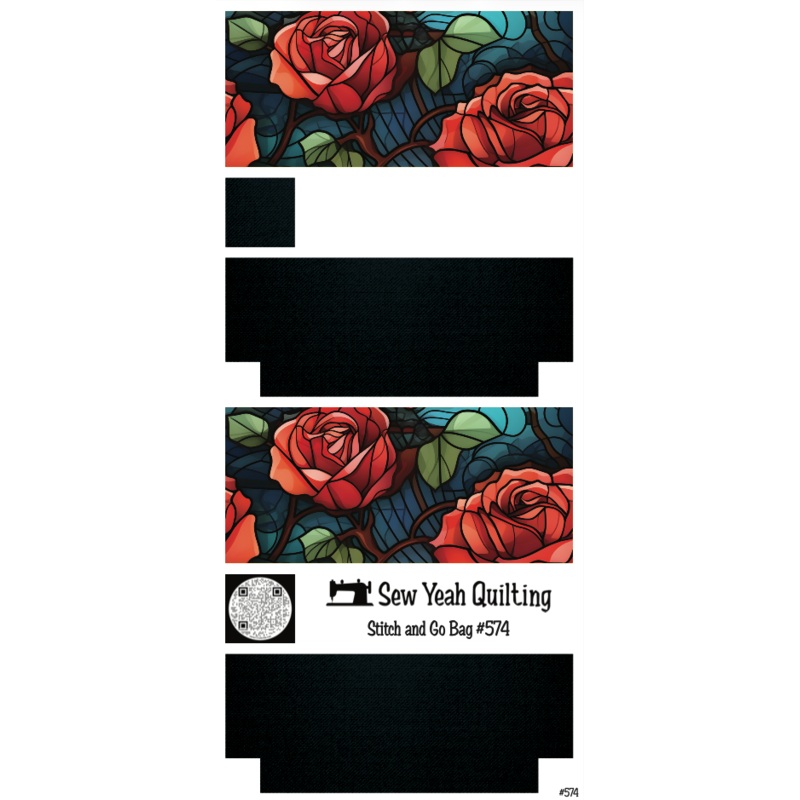 Stitch & Go Bag #574 - Stained Glass Red Roses & Vines on Navy Blue