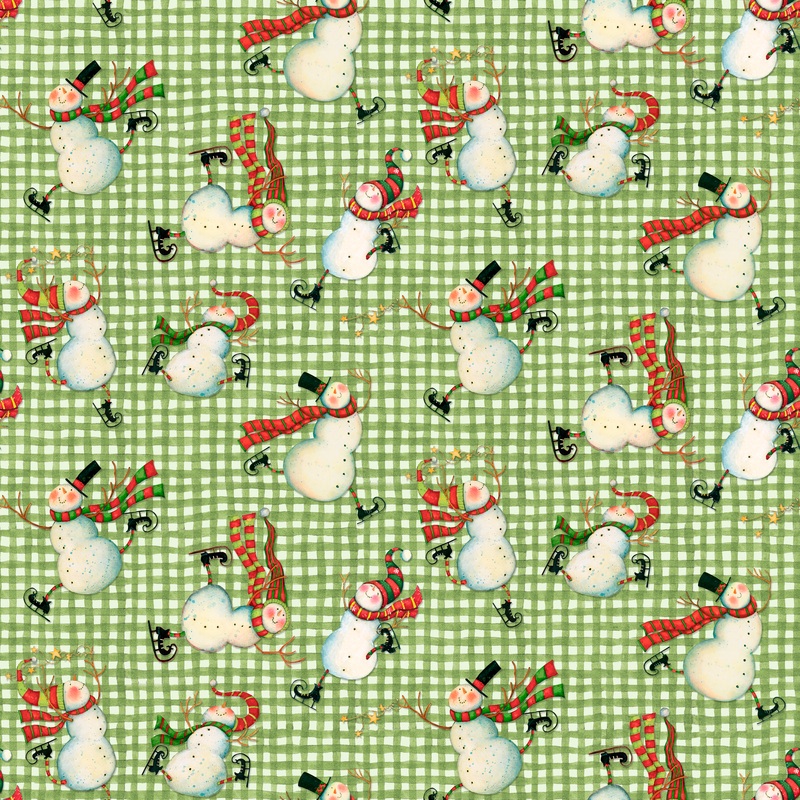 Susan Winget Christmas Skating Snowmen on Green Gingham Fabric