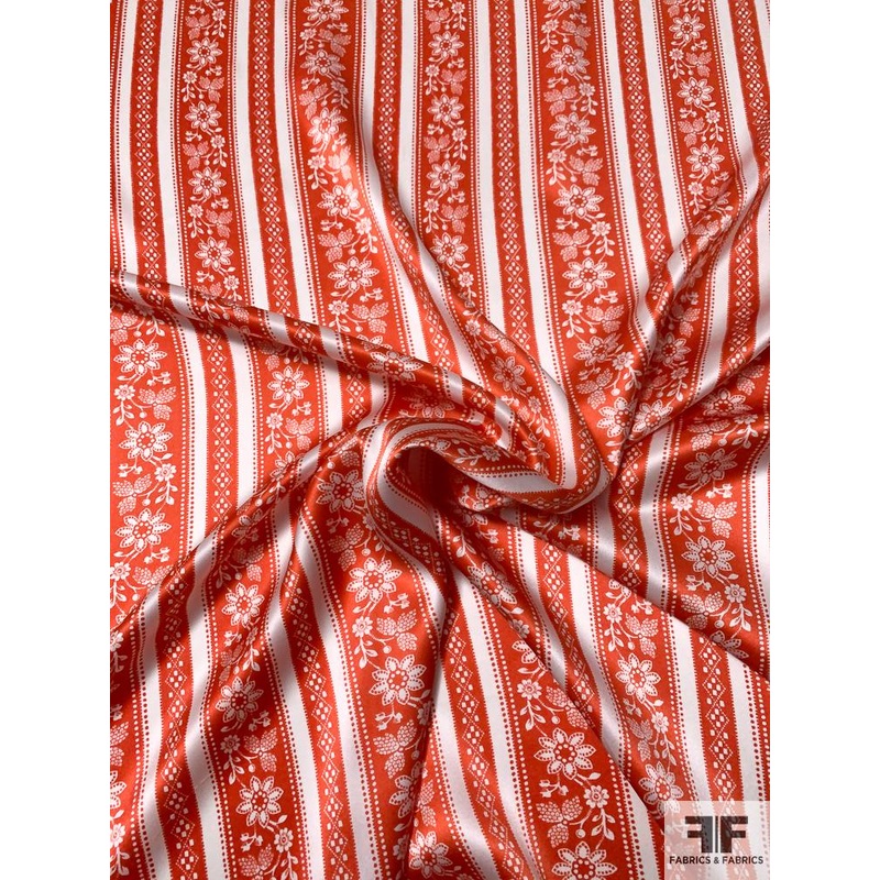 Vertical Striped and Floral Printed Silk Charmeuse - Tomato Red / White