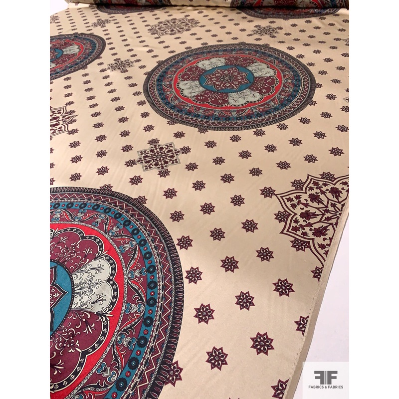 Vintage Large Ornate Circle Medallion Printed Silk Charmeuse - Teal / Maroon / Red / Tan