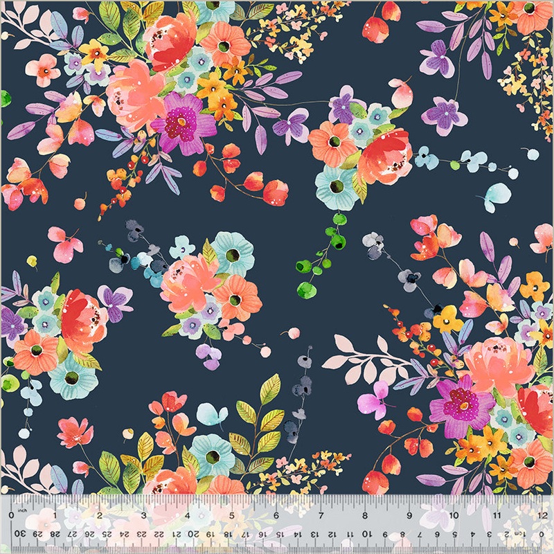 Wild Meadow Sue Miano 54387-1 Navy Bountiful Bouquets Cotton