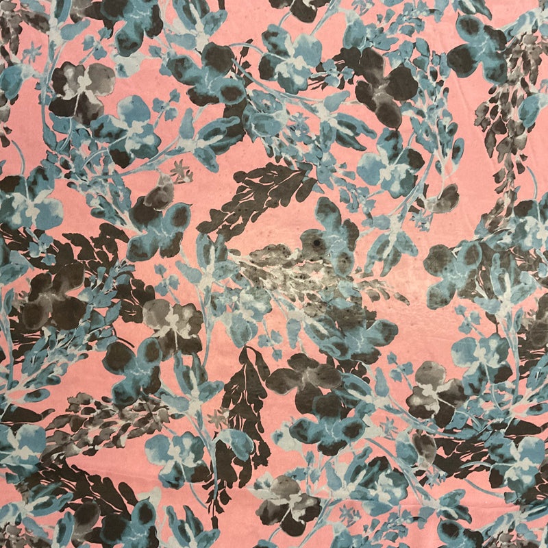3 3/4 YD PC-Pink-Dusty Blue-Dk Gray- Watercolor Floral Silk Chiffon Designer Remnant Fabric