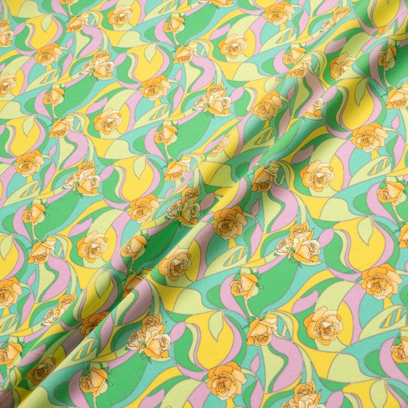 Retro Rose Geometric Printed Green Pure Cotton