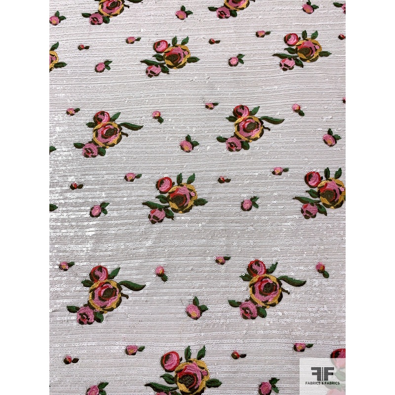 Sequins and Floral Embroidered Tulle - White / Pink / Green / Marigold