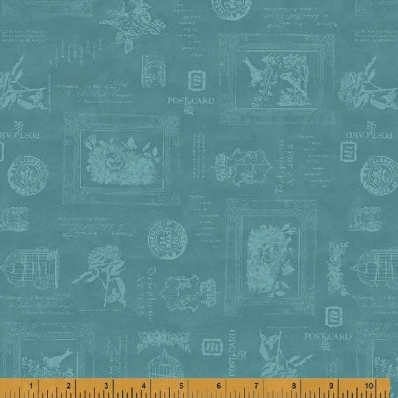 Wish You Were Here Whistler Studios 53365-3 Teal Secret Message Cotton