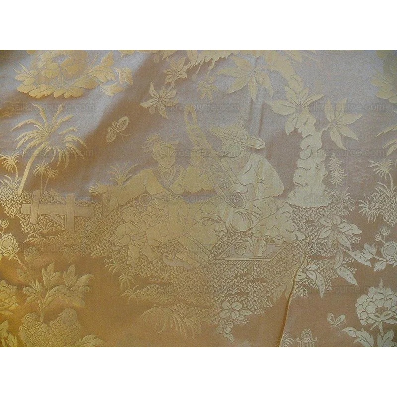 By yard 100% Silk Damask Chinoiserie Music Garden Tree Peony Bird Pagoda "sunkissed" Gold