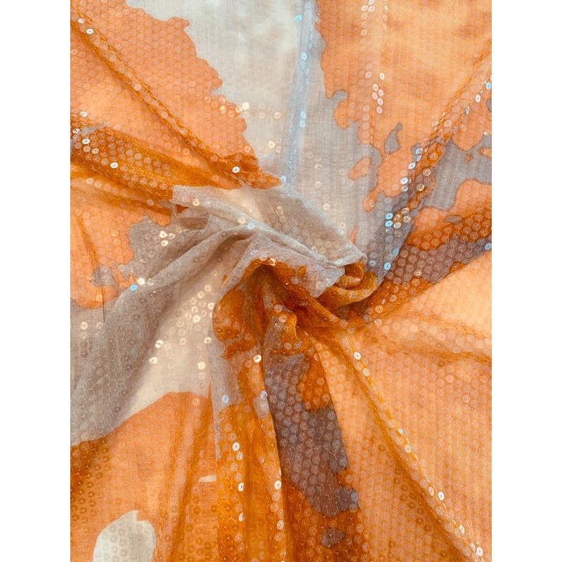 Clear Sequins on Abstract Painterly Printed Silk Chiffon - Orange / Light Brown