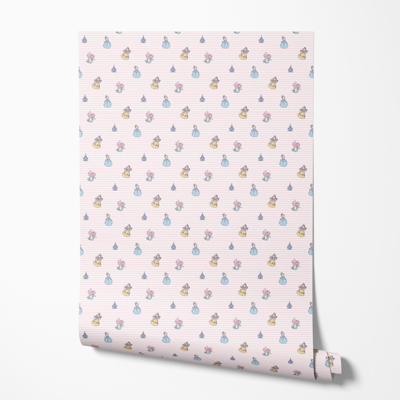 Disney Princess Pattern on Pink Stripes Wallpaper
