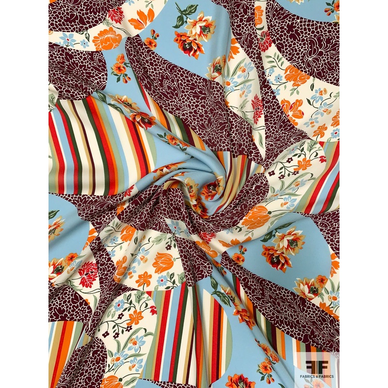 Floral and Striped Collage Printed Silk Georgette - Maroon / Sky Blue / Orange