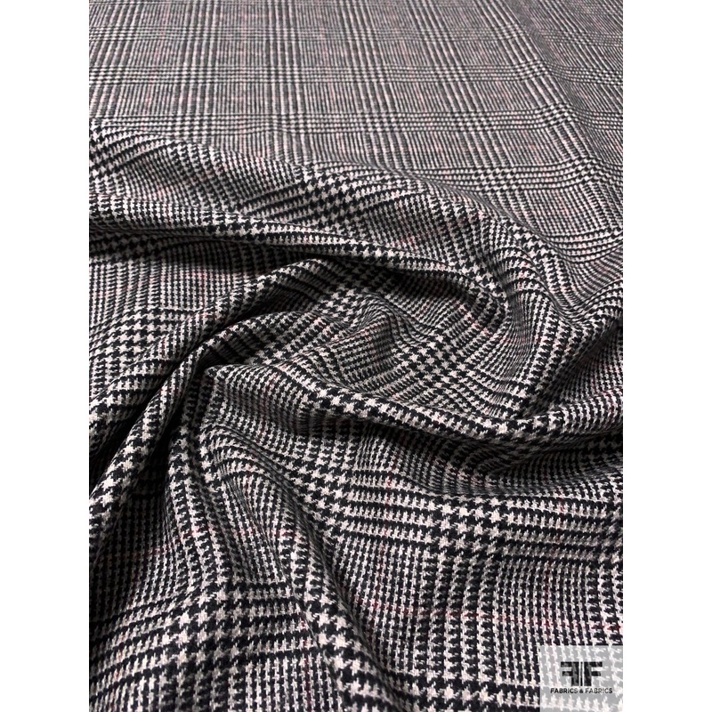 Italian Glen Plaid Flannel Wool Suiting - Black / Sand / Maroon