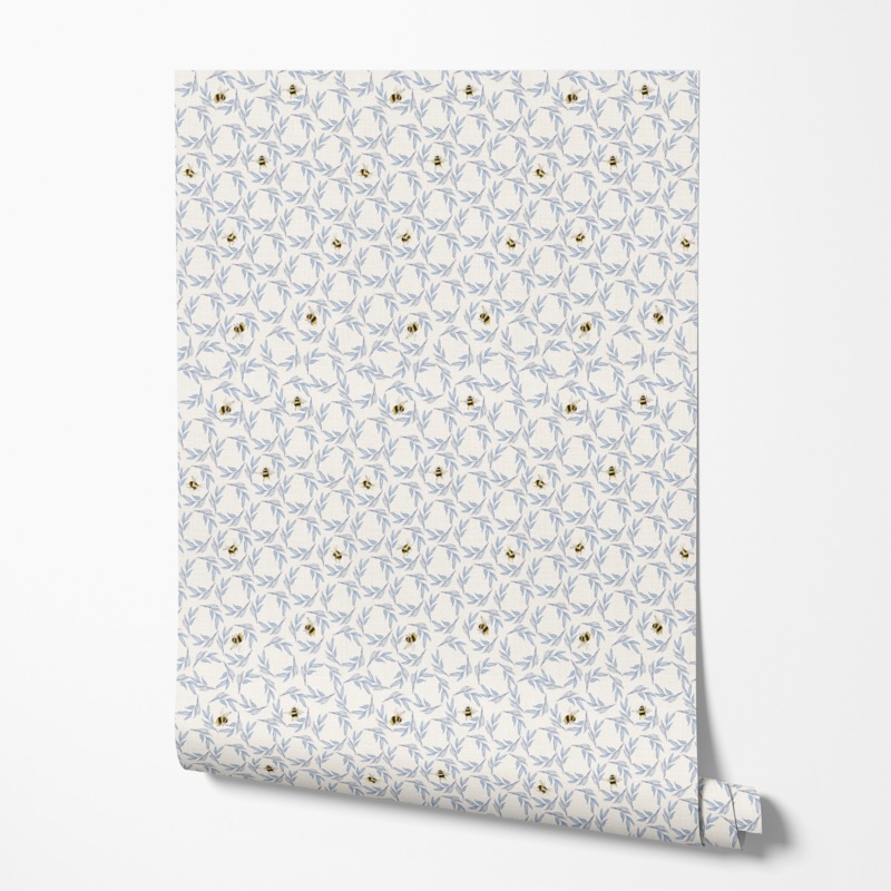 Susan Winget Bumblebee Circle Leaves on Cream Wallpaper