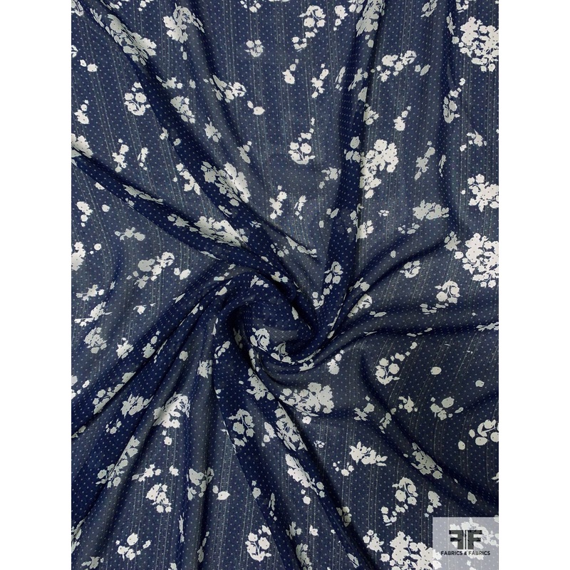 Vertical Textured Striped and Floral Pin Dot Printed Silk Georgette Panel - Navy / Off-White / Tan